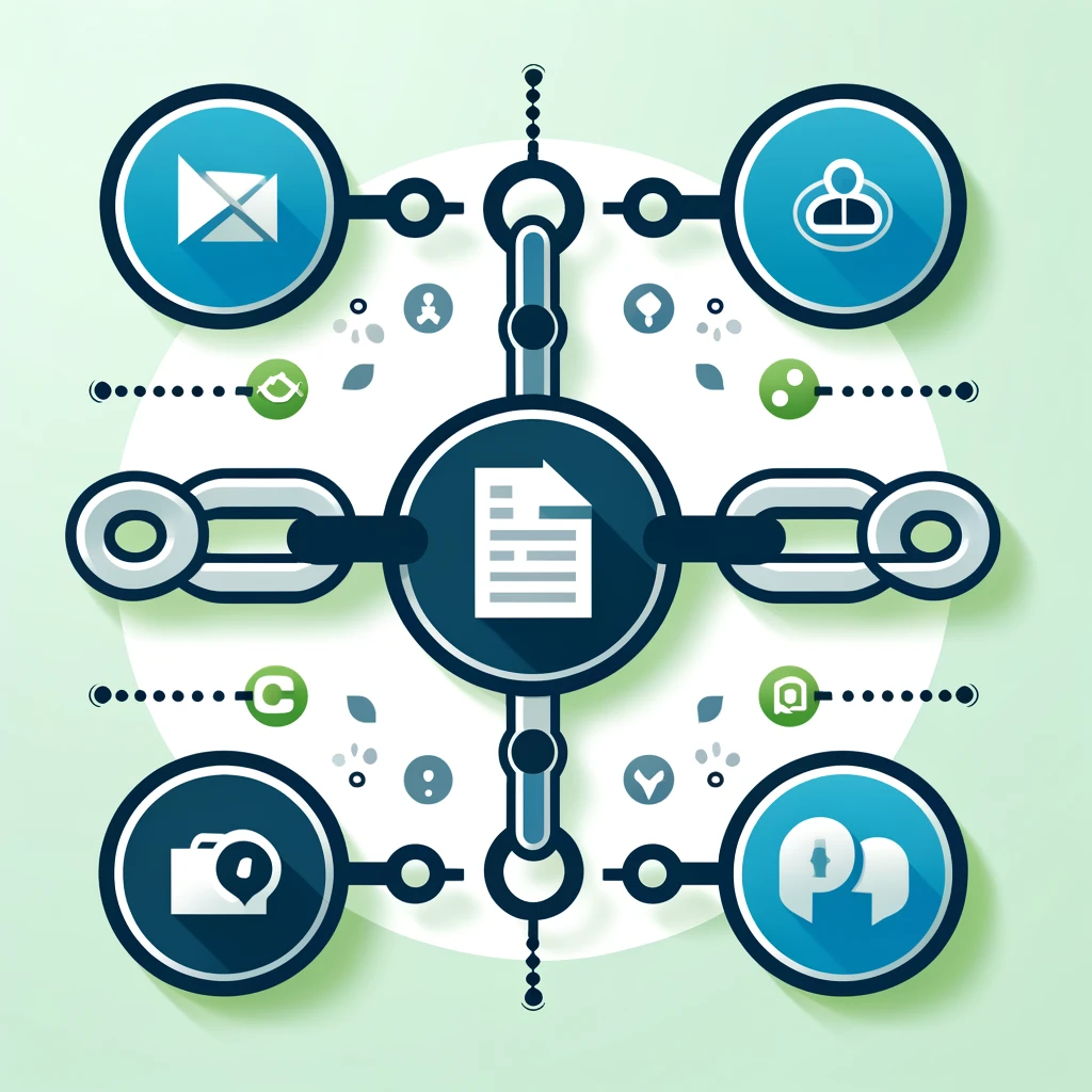 Diagram illustrating a central document icon connected to four circular icons representing email, contacts, photos, and settings. Dotted lines link icons against a light green background. Howard Creative Co